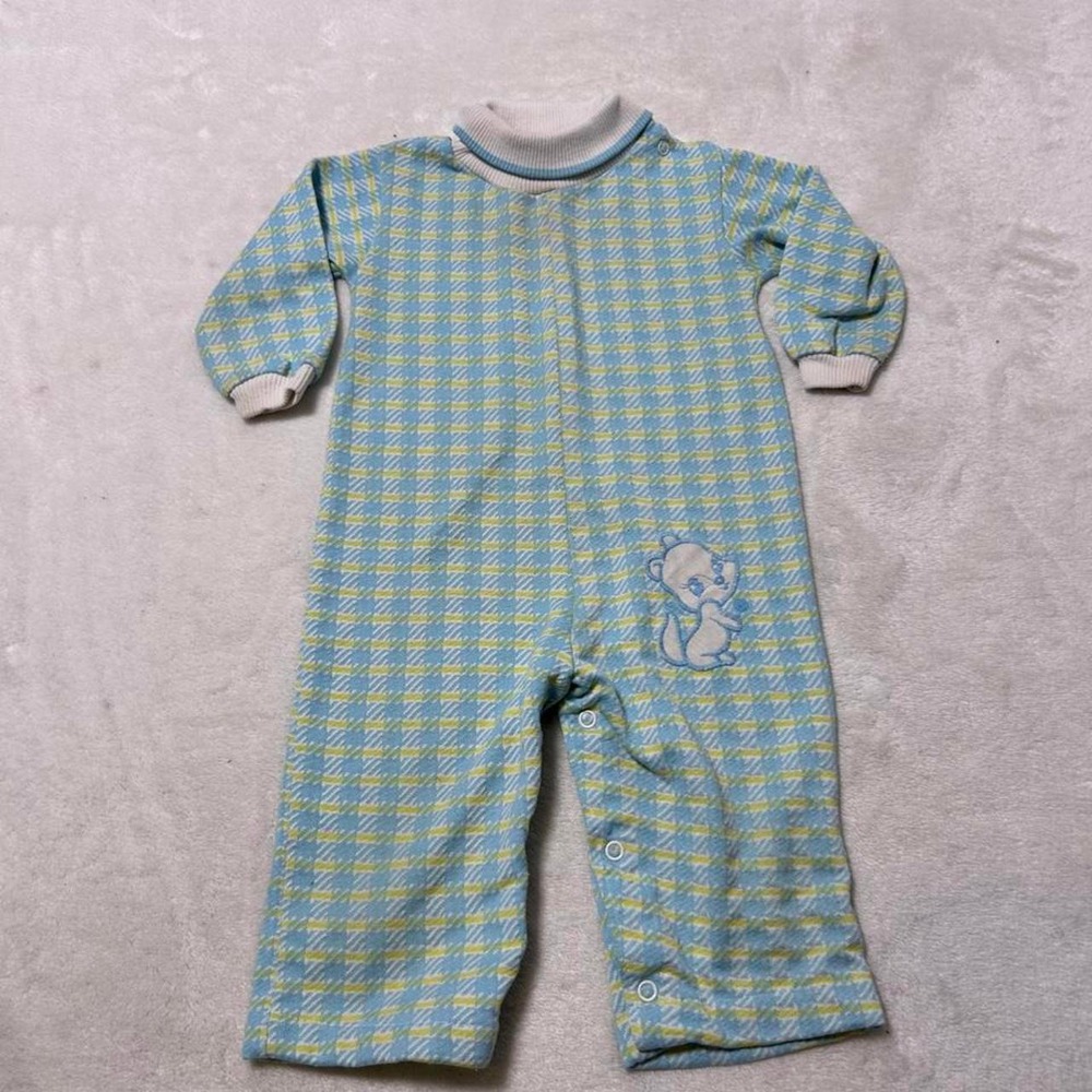 Vintage 70s Health-tex  Baby Romper 24M Blue Geometric Squirrel One Piece